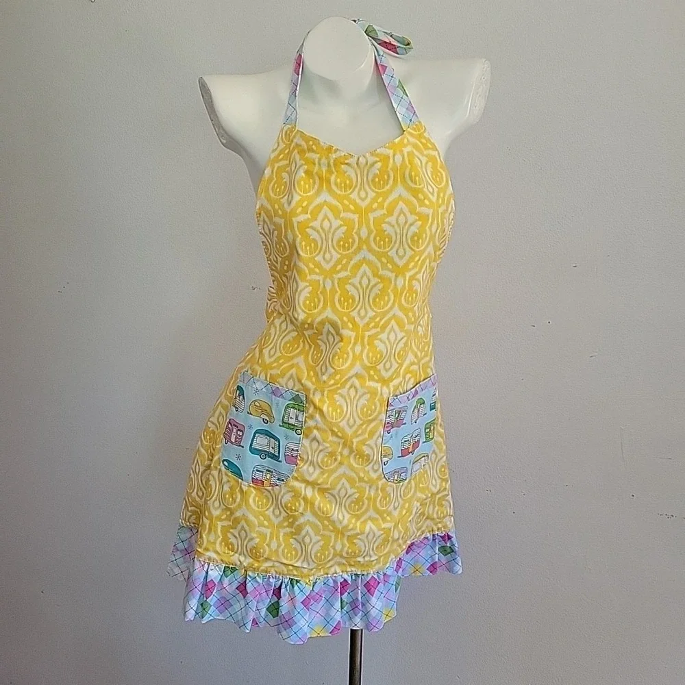 Handmade Halter Apron Retro Campers Damask Print Reversible Self‎ Tie Mod Foodie
